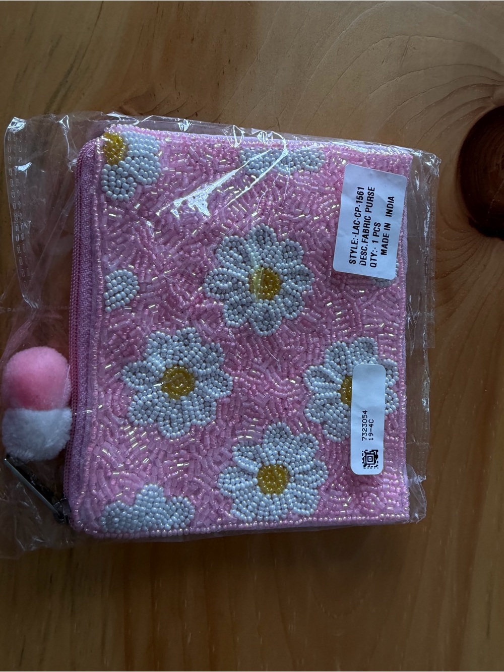 Source Unknown Pink Beaded Daisy Coin Purse with Pom Pom